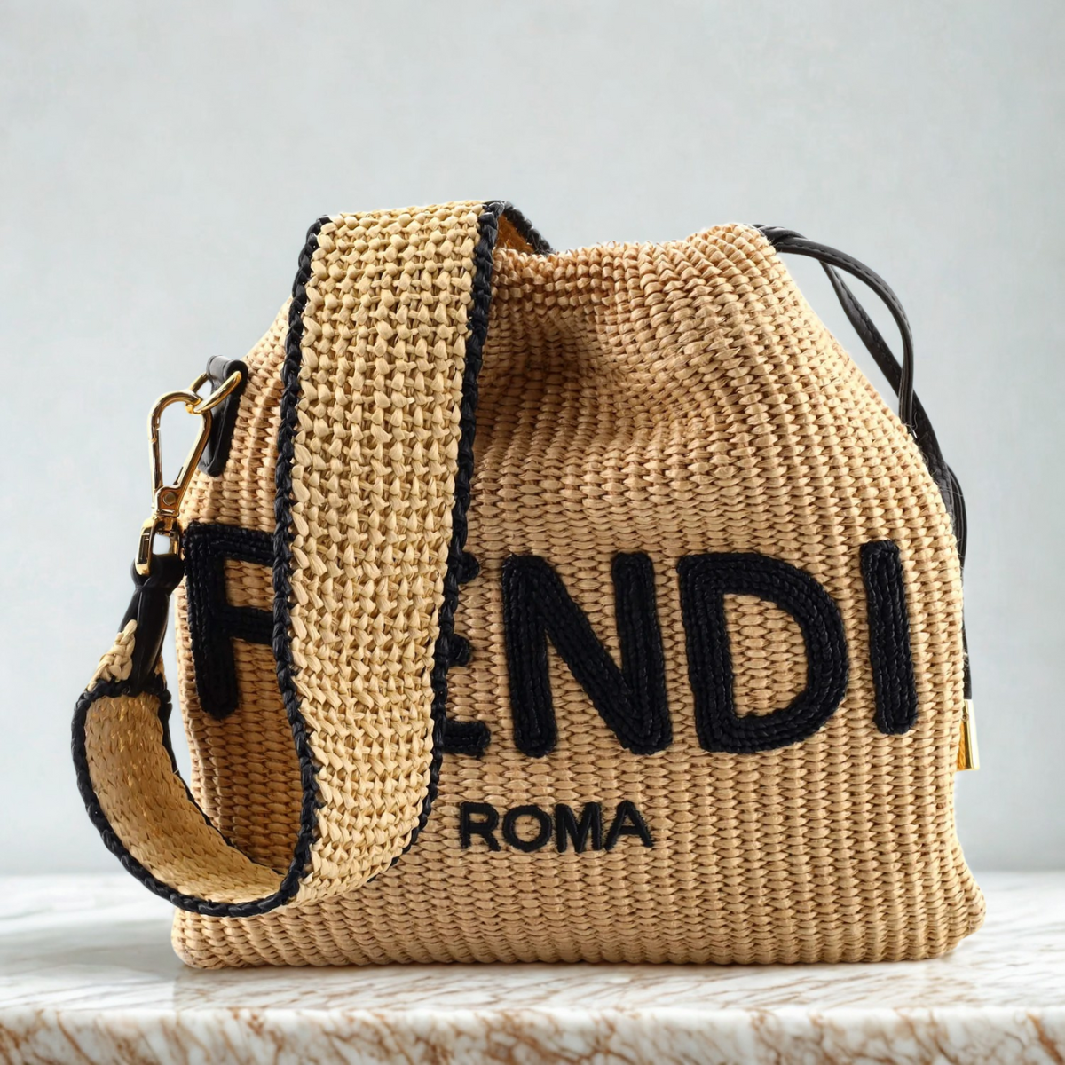 FENDI SACK SMALL WOVEN STRAW BAG IN BEIGE
