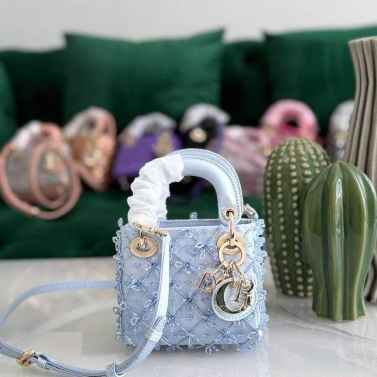 LADY DIOR MICRO EMBROIDERED BAG IN BLUE