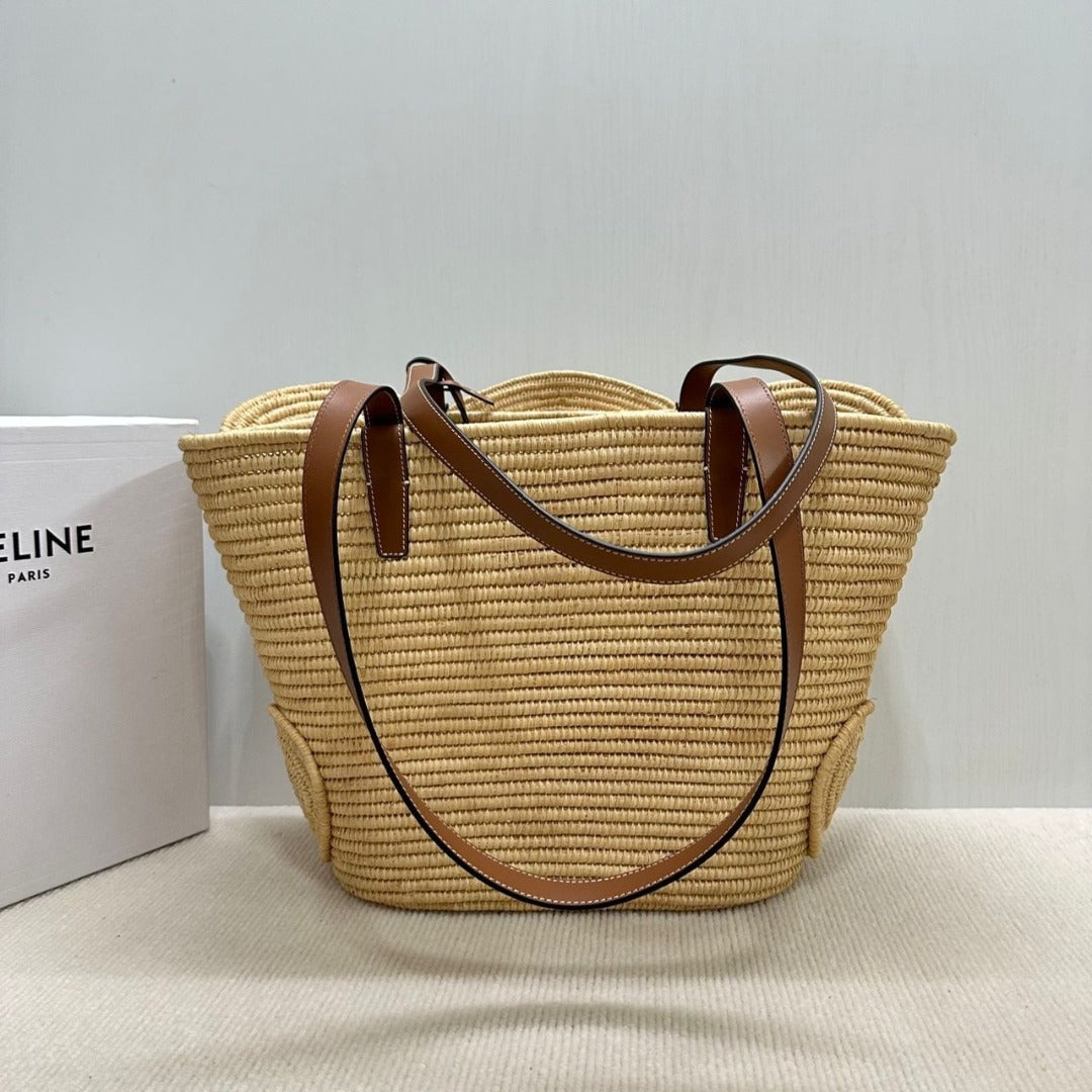 CELINE CLASSIC SMALL BASKET WITH WOVEN TRIOMPHE IN RAFFIA AND CALFSKIN