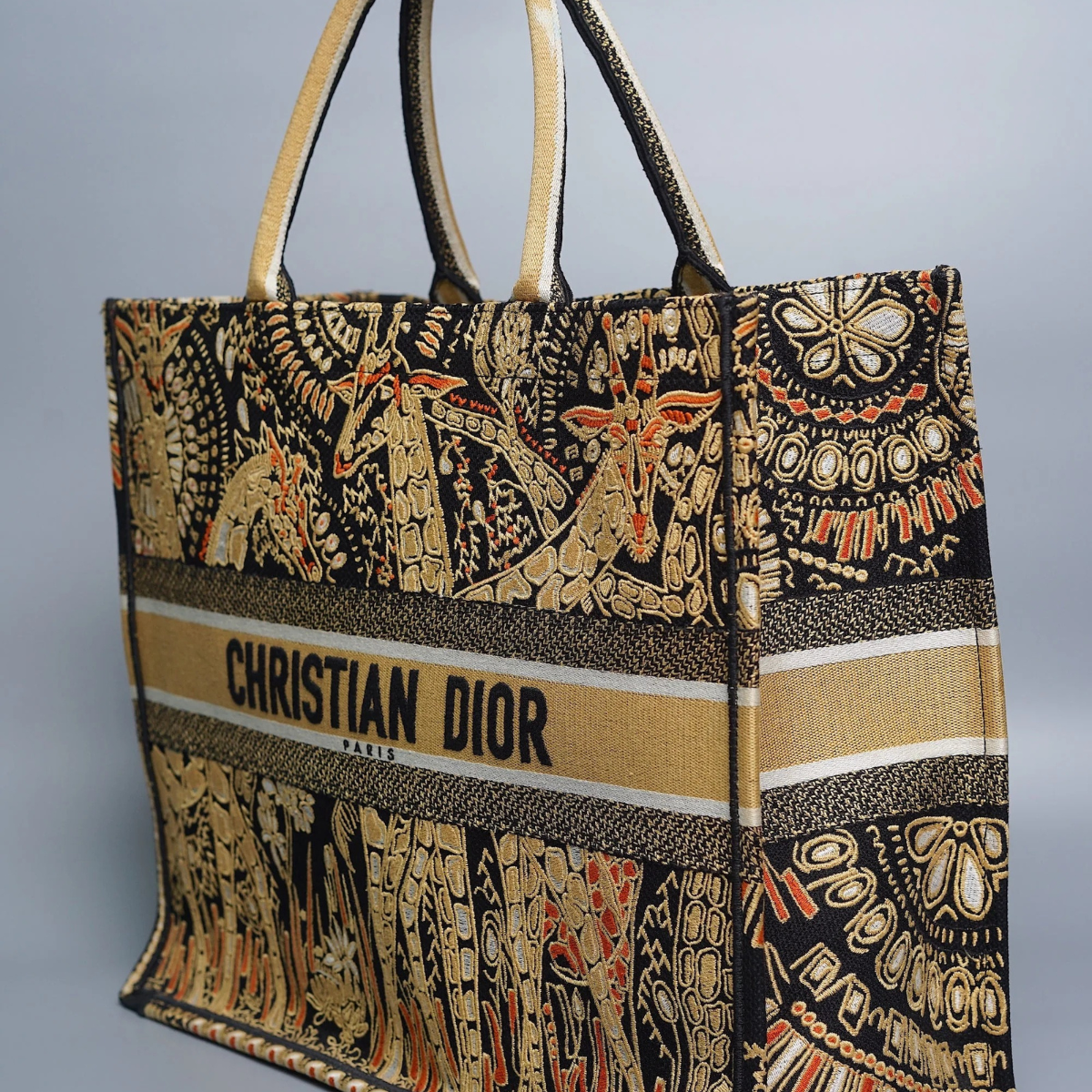 DIOR LARGE BOOK TOTE – BLACK/GOLD EMBROIDERY