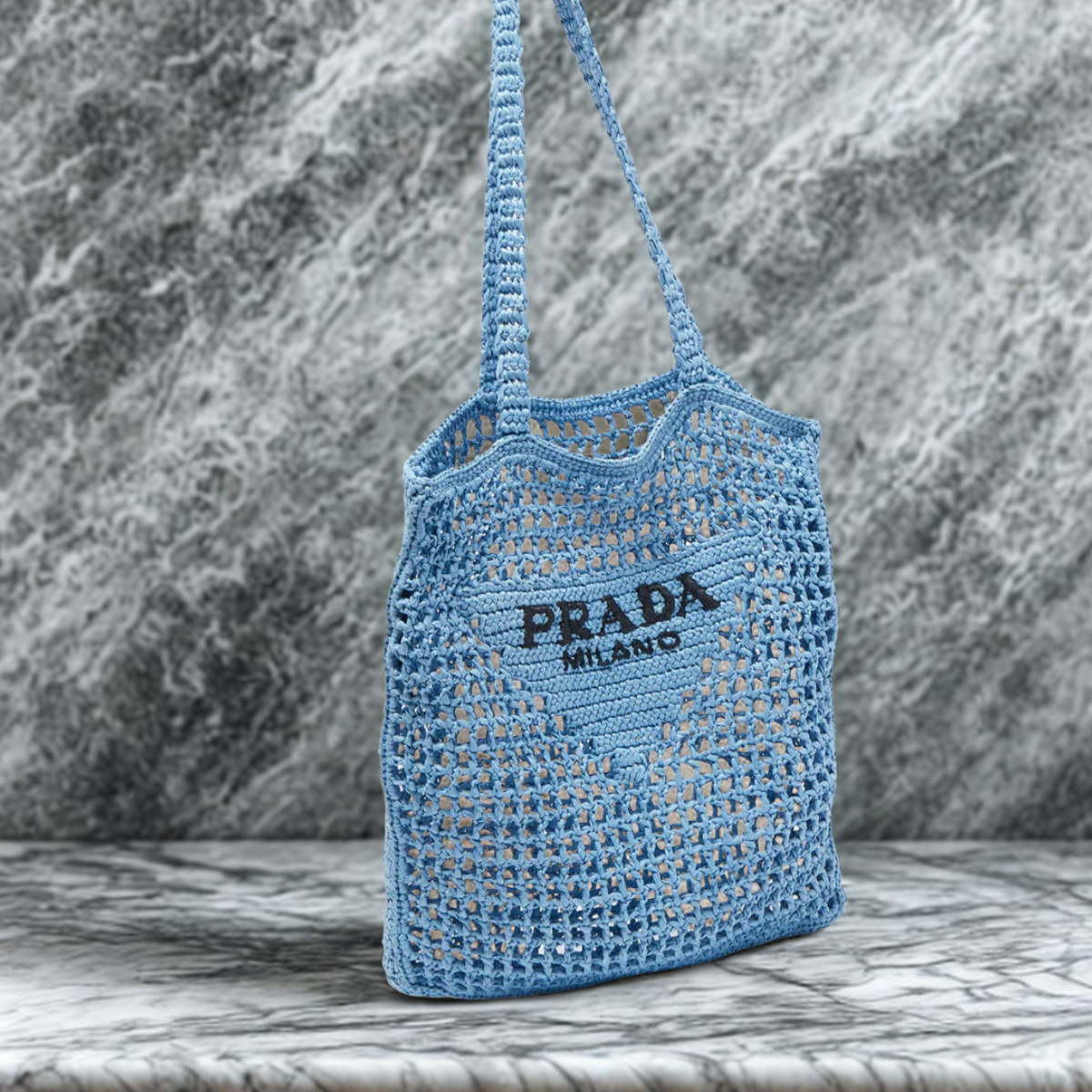 PRADA SHOPPER BAG IN RAFFIA WITH WOVEN LOGO – BLUE
