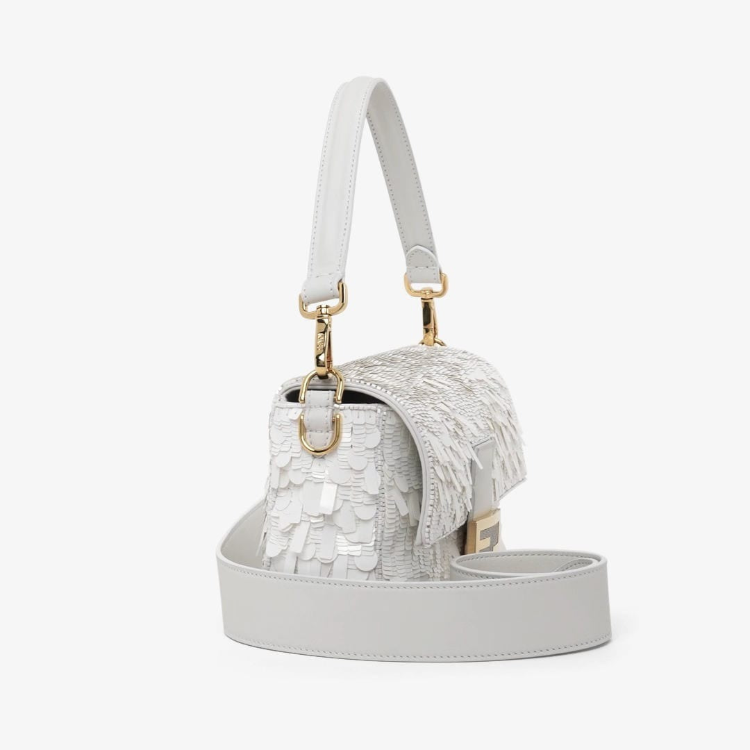 FENDI WHITE SEQUIN AND LEATHER BAGUETTE BAG